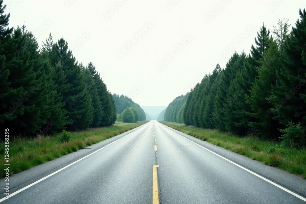Fototapeta premium Asphalt Road Through Evergreen Forest on a Cloudy Day, Leading to a Distant Horizon