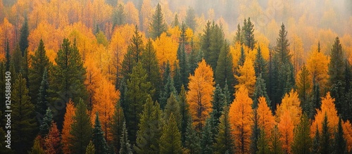 Aerial view of a vibrant autumn pine forest showcasing colorful foliage in tones of orange and green captured by drone photography. photo