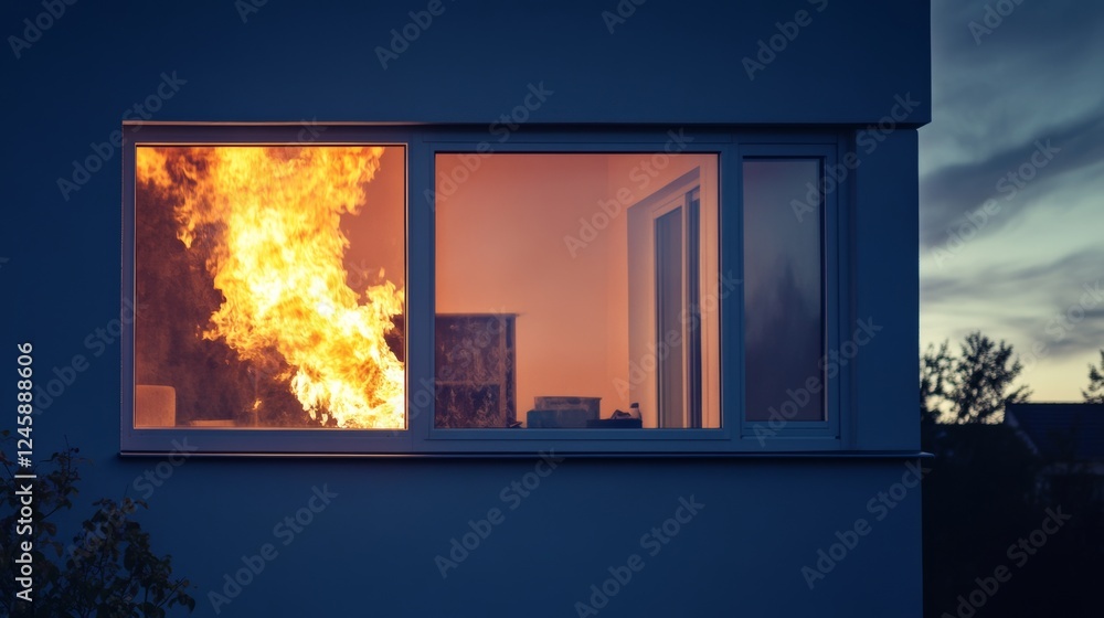 Fototapeta premium Flames engulf a modern home window at dusk, illuminating the interior with a fierce glow amidst the twilight sky