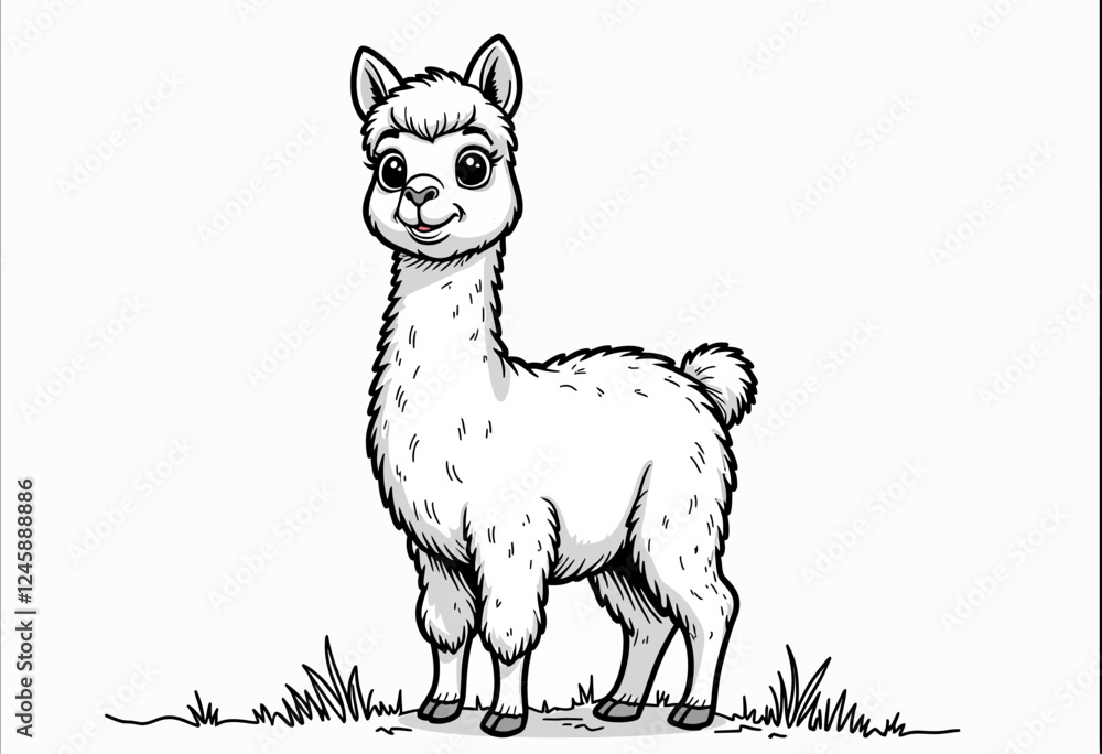 Obraz premium Kids' Alpaca Coloring Page: Minimalist Design with Thick Contours, Isolated on White - Perfect for Beginners and a Relaxing Artistic Outlet for Young Children.