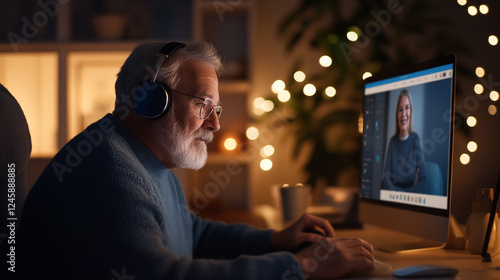 elderly man wearing headphones is engaged in video call on his computer  surrounded by warm ambient lighting.