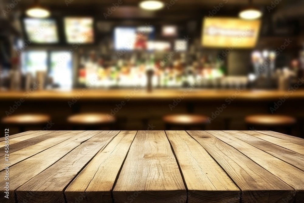 Wooden bar table, pub background, drinks, menu placement Wooden bar table, pub background, drinks, menu placement