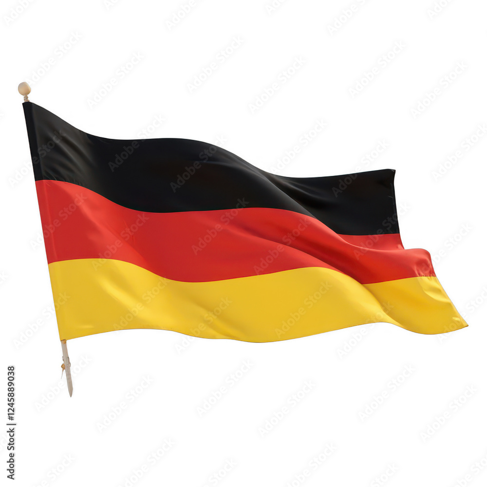 German flag waving, vibrant colors of black, red, and gold flowing in the wind, symbolizing national pride and unity. Isolated on white background or PNG German flag waving, vibrant colors of black, red, and gold flowing in the wind, symbolizing national pride and unity. Isolated on white background or PNG