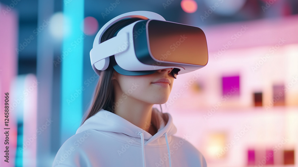 Immersed in virtual reality, woman experiences digital worlds with headset. vibrant background enhances futuristic atmosphere. Immersed in virtual reality, woman experiences digital worlds with headset. vibrant background enhances futuristic atmosphere.
