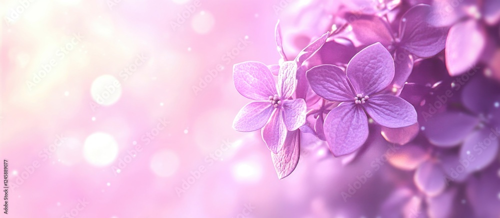Closeup of delicate lilac hydrangea flowers with a soft pink bokeh background creating a serene floral atmosphere. Closeup of delicate lilac hydrangea flowers with a soft pink bokeh background creating a serene floral atmosphere.