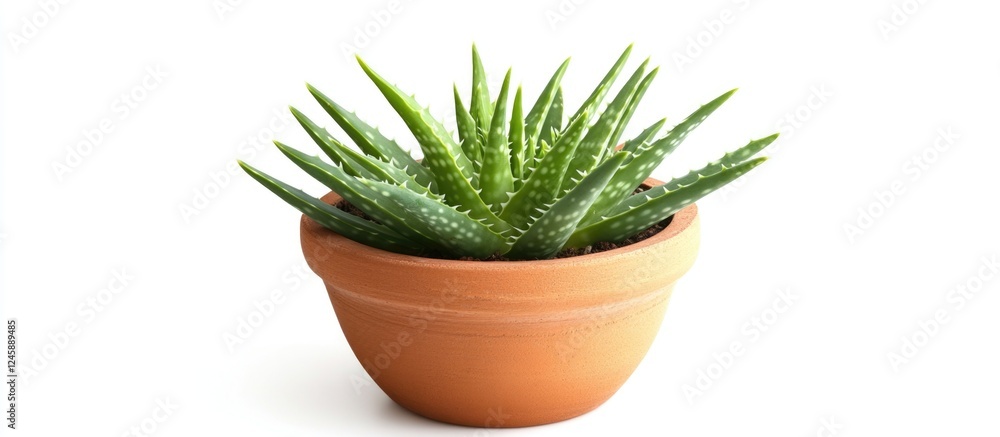 Fototapeta premium Aloe Vera plant in a terracotta pot against a clean white background showcasing vibrant green leaves and modern design.