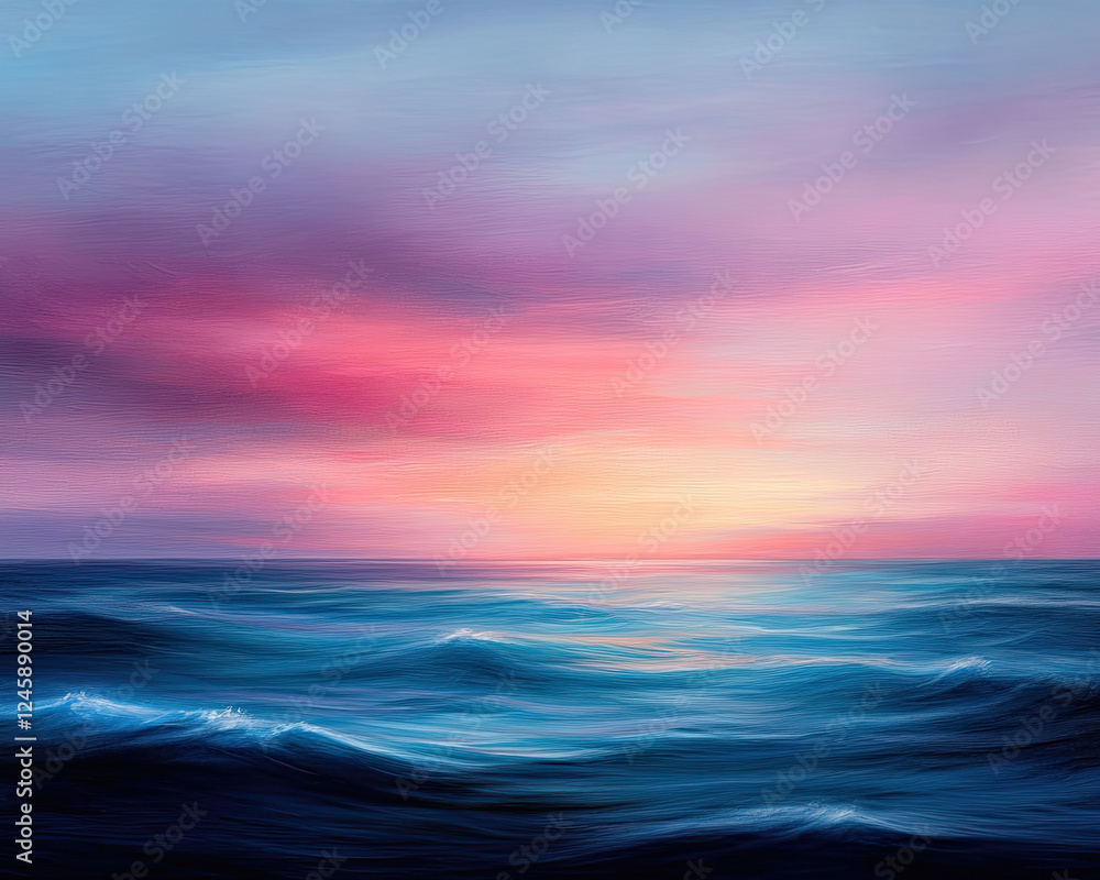 Obraz premium A vibrant sunset over calm ocean waves, showcasing beautiful colors and tranquility.