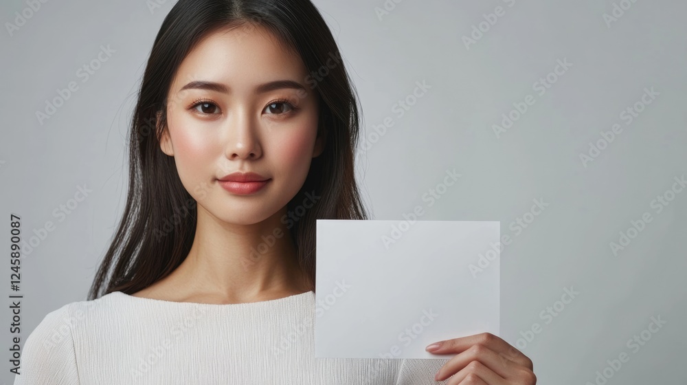 Female beauty model presenting blank advertising space for promotional content with empty copyspace for text placement in a neutral background. Female beauty model presenting blank advertising space for promotional content with empty copyspace for text placement in a neutral background.