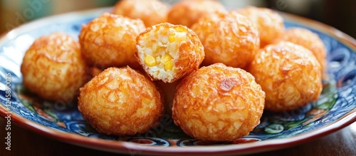 Delicious Indonesian Bakwan Jagung corn cakes served on a vibrant plate golden brown crispy texture with vibrant ingredients closeup shot photo