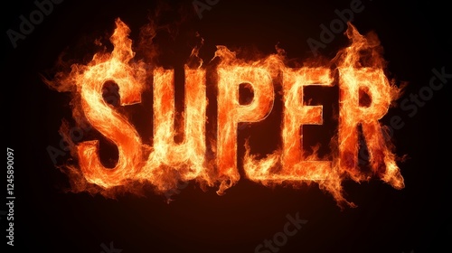 Fiery text depicting the word super in vibrant flames against a dark backdrop creates an intense visual impact, resonating with power and energy