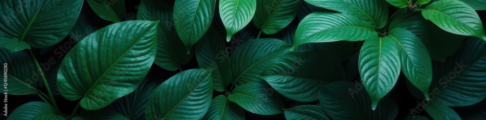 Fototapeta premium Dark, lush leaves, shadowed, exotic botanical pattern , dark green, rich