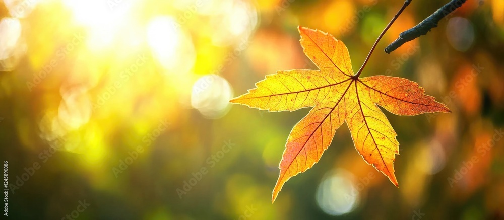Colorful autumn leaf on a twig illuminated by sunlight in a serene forest setting capturing the essence of fall foliage. Colorful autumn leaf on a twig illuminated by sunlight in a serene forest setting capturing the essence of fall foliage.