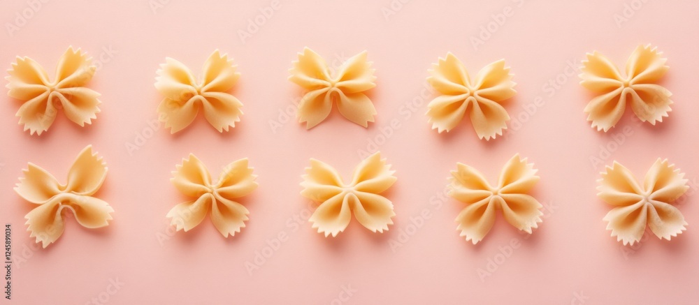 Colorful uncooked farfalle pasta arranged in neat rows on a soft pink background showcasing Italian culinary artistry and texture. Colorful uncooked farfalle pasta arranged in neat rows on a soft pink background showcasing Italian culinary artistry and texture.