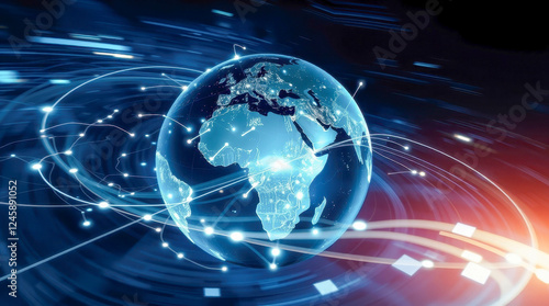 The rapid development of technology through the dynamically rotating Earth. The glowing lines and nodes symbolize the global communications network and the flow of information.