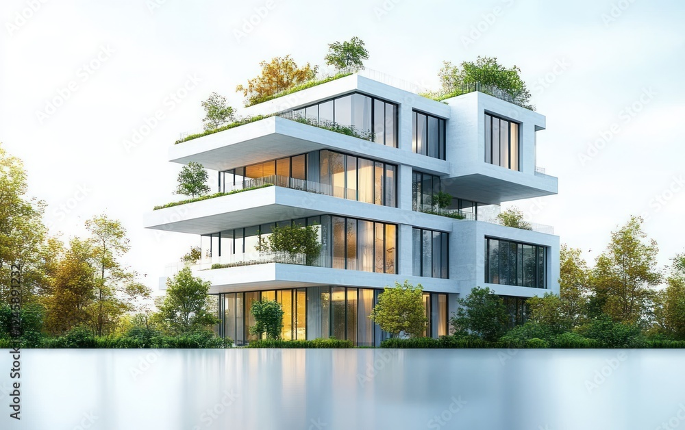Fototapeta premium Contemporary Minimalist Apartment Building with Glass Windows and Greenery