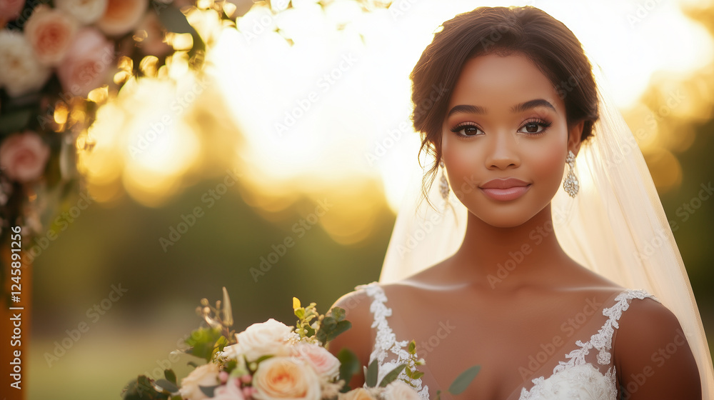 beautiful bride in wedding dress holding bouquet, glowing in sunset light. beautiful bride in wedding dress holding bouquet, glowing in sunset light.