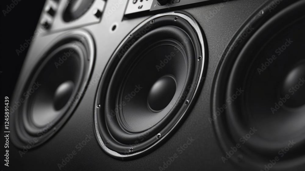 High-Quality Close-Up of Professional Audio System Loudspeakers with Detailed Speaker Cone Design High-Quality Close-Up of Professional Audio System Loudspeakers with Detailed Speaker Cone Design