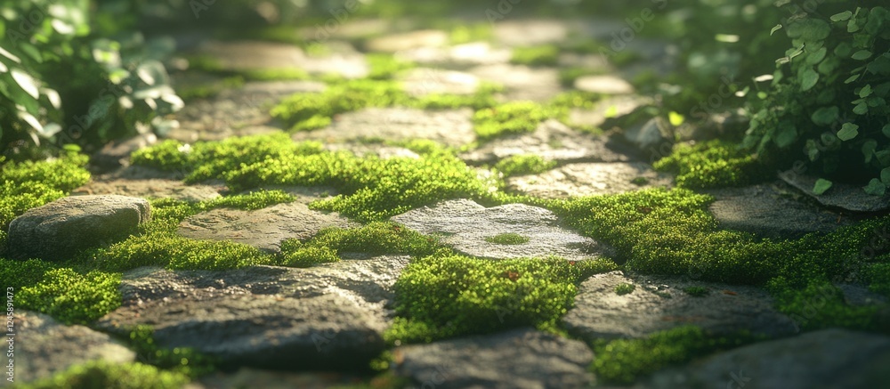 Fototapeta premium Lush green moss growing on an ancient cobblestone path in a serene outdoor setting showcasing natural beauty and tranquility.