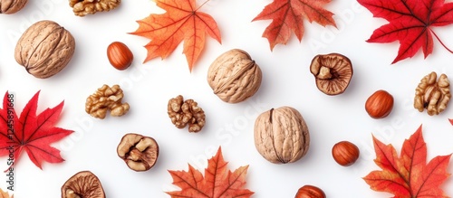 Autumn leaves and walnuts flat lay composition on white background celebrating Thanksgiving and the essence of fall season. photo