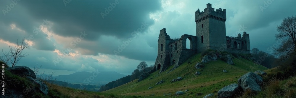 Crumbling gothic castle ruins under stormy sky, gothic, architecture Crumbling gothic castle ruins under stormy sky, gothic, architecture