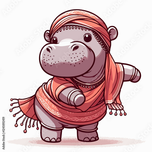 Dancing Hippo in Sari: An adorable cartoon hippopotamus, dressed in a vibrant coral-colored sari, strikes a playful dance pose.  The illustration is done in a charming, slightly whimsical style.