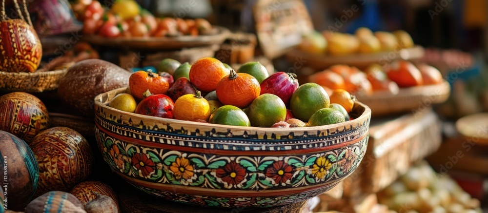 Fototapeta premium Vibrant handmade wooden basket filled with colorful fruits displayed on a market stall showcasing traditional crafts in Pune