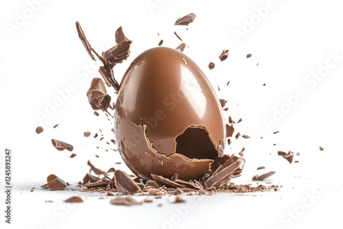 Easter chocolate egg exploded on a white background