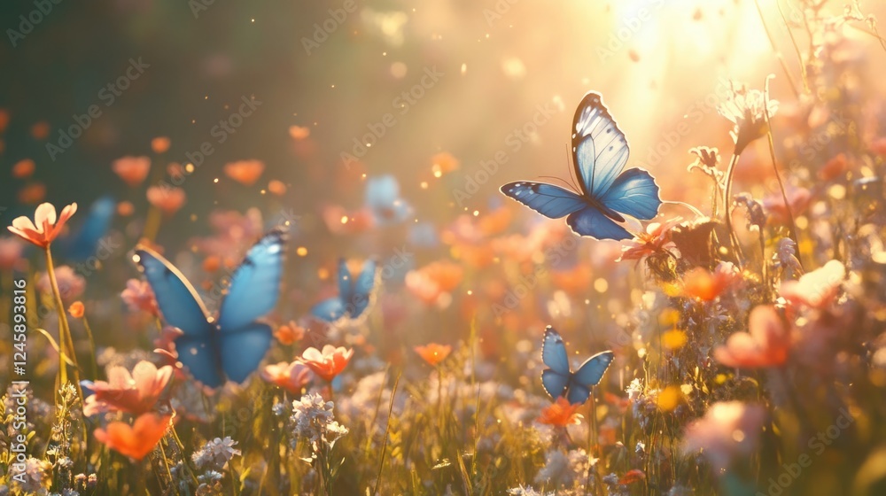 custom made wallpaper toronto digitalVibrant Spring Meadow with Blooming Flowers and Blue Butterflies in Soft Sunlight Ideal for Brochures Books and Advertising Designs