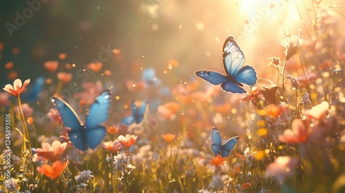 Wallpaper Mural Vibrant Spring Meadow with Blooming Flowers and Blue Butterflies in Soft Sunlight Ideal for Brochures Books and Advertising Designs Torontodigital.ca