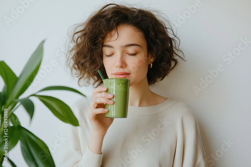 trendy young woman drinking matcha photo