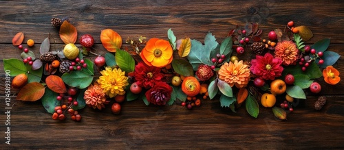 Autumn floral arrangement with colorful flowers leaves and berries on wooden background in flat lay style photo