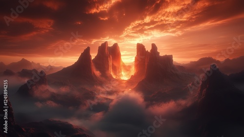 Majestic sunset over rocky mountains nature landscape aerial view