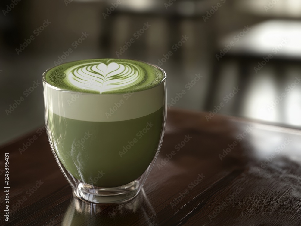 Matcha latte in a clear glass Matcha latte in a clear glass
