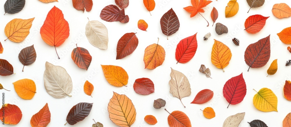 Vibrant autumn leaves in various shapes and colors arranged in a flat lay pattern on a bright white background showcasing seasonal beauty. Vibrant autumn leaves in various shapes and colors arranged in a flat lay pattern on a bright white background showcasing seasonal beauty.