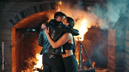 couple hugging in front of huge fireplace