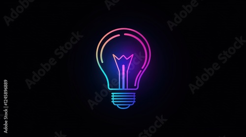 Neon Lightbulb Idea: A vibrant, multicolored neon lightbulb graphic against a stark black background, symbolizing innovation, inspiration, and bright ideas.  