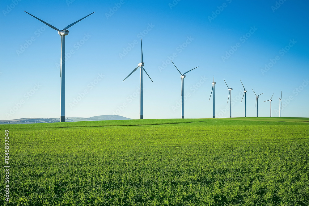 Sustainable Power: A Row of Wind Turbines Spinning in a Green Field Under a Bright Blue Sky, Producing Clean Renewable Energy Sustainable Power: A Row of Wind Turbines Spinning in a Green Field Under a Bright Blue Sky, Producing Clean Renewable Energy
