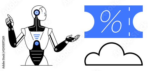 Humanoid robot pointing at discount tag and cloud symbol, combining AI, technology, and online savings. Ideal for digital marketing, automation, e-commerce, cloud services, futuristic tech online