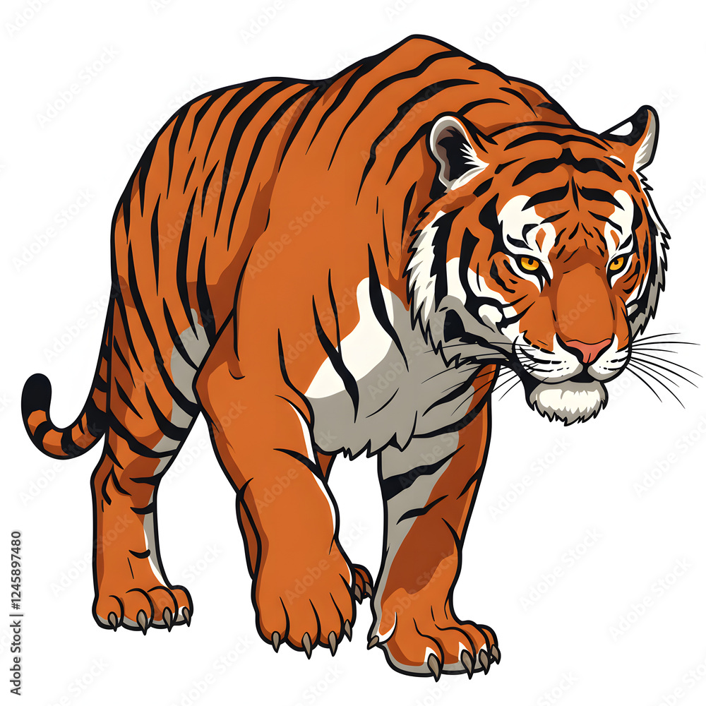 Fototapeta premium Walking Orange Tiger with Black Stripes Illustration