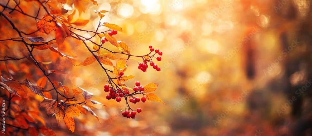 Autumn red rowan berries amidst blurred forest background showcasing vibrant fall colors and warm light ambiance. Autumn red rowan berries amidst blurred forest background showcasing vibrant fall colors and warm light ambiance.