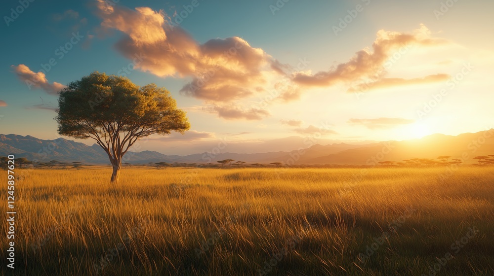Panoramic sunrise on the serengeti tranquil savannah landscape Panoramic sunrise on the serengeti tranquil savannah landscape