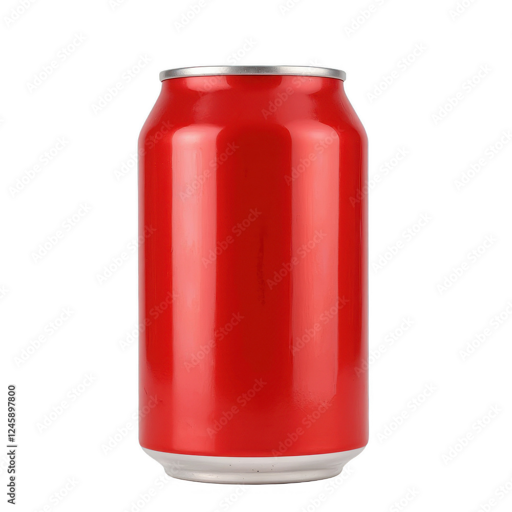 Red beverage can, shiny surface reflecting light, classic design, suitable for product advertisements or promotional materials. Isolated on white background or PNG