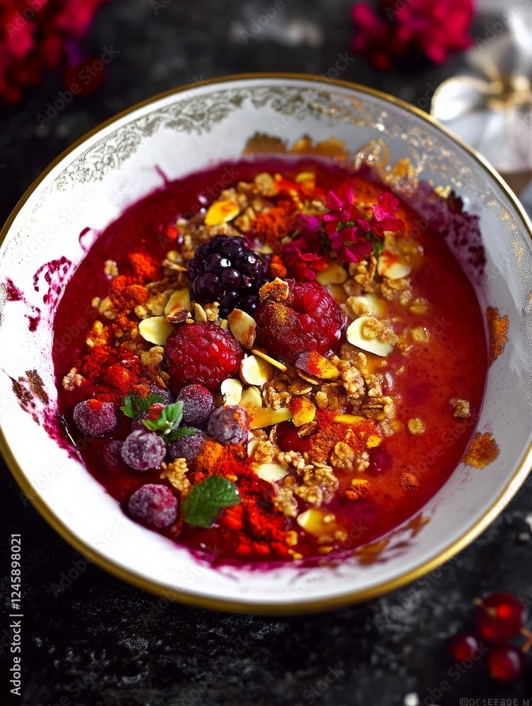 Delicious acai bowl topped with berries, granola, and almond slices served in a decorative bowl for a healthy breakfast Delicious acai bowl topped with berries, granola, and almond slices served in a decorative bowl for a healthy breakfast