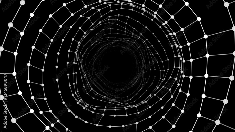 Fototapeta premium Abstract geometric wireframe tunnel. 3D funnel, wormhole or vortex. Technology vector background. Vector illustration.