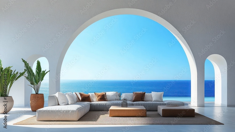 Luxury Living Room with Ocean View in Santorini Style 3D Rendering Luxury Living Room with Ocean View in Santorini Style 3D Rendering