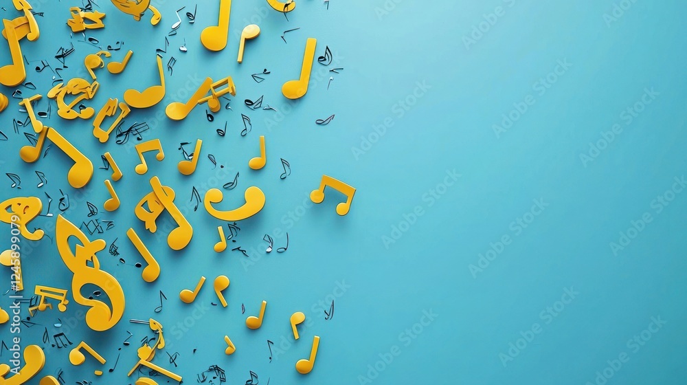 Golden musical notes on blue background; music concept; design template Golden musical notes on blue background; music concept; design template