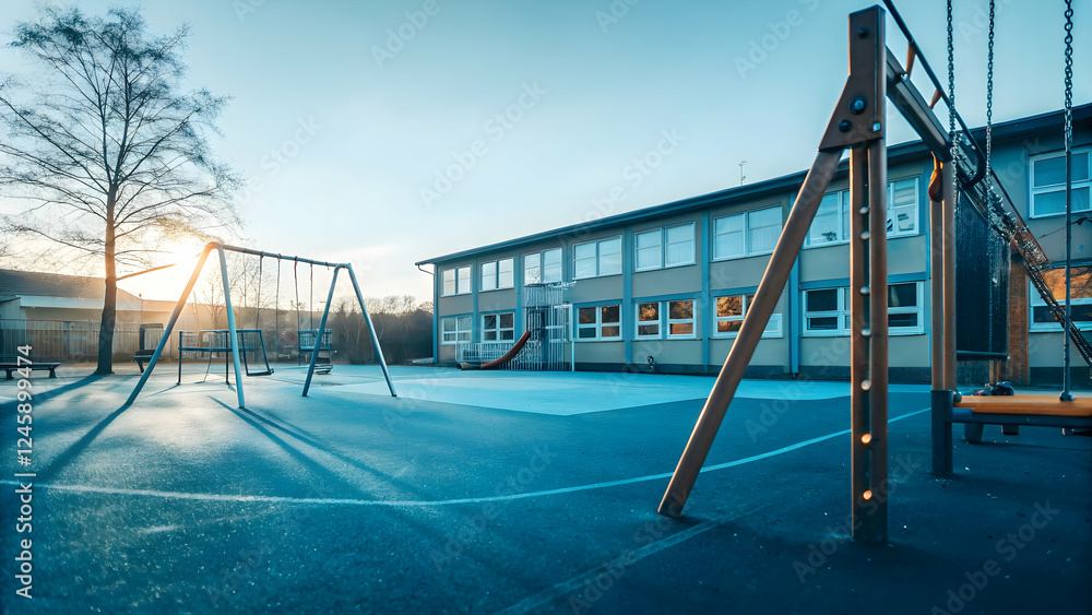 Stunning Schoolyard Photo: Basketball Court & Playground at Sunset