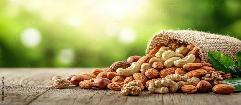 Obraz premium Nuts displayed in a burlap sack on a wooden table with a natural blurred background showcasing their nutritional importance and versatility.