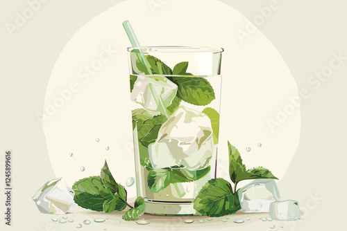 Refreshing Glass of Cold Water with Fresh Mint, Cucumber, and Ice Cubes