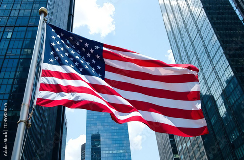 US flag in downtown against the backdrop of buildings in America.